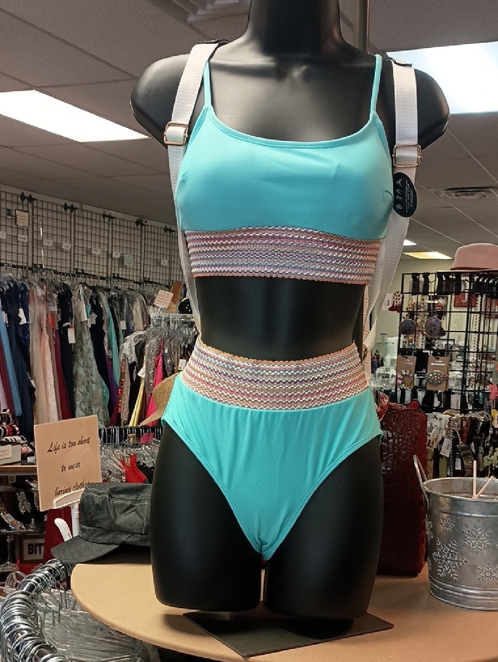 Turquoise High-Waist Two-Piece Swim Set with Stretch Band